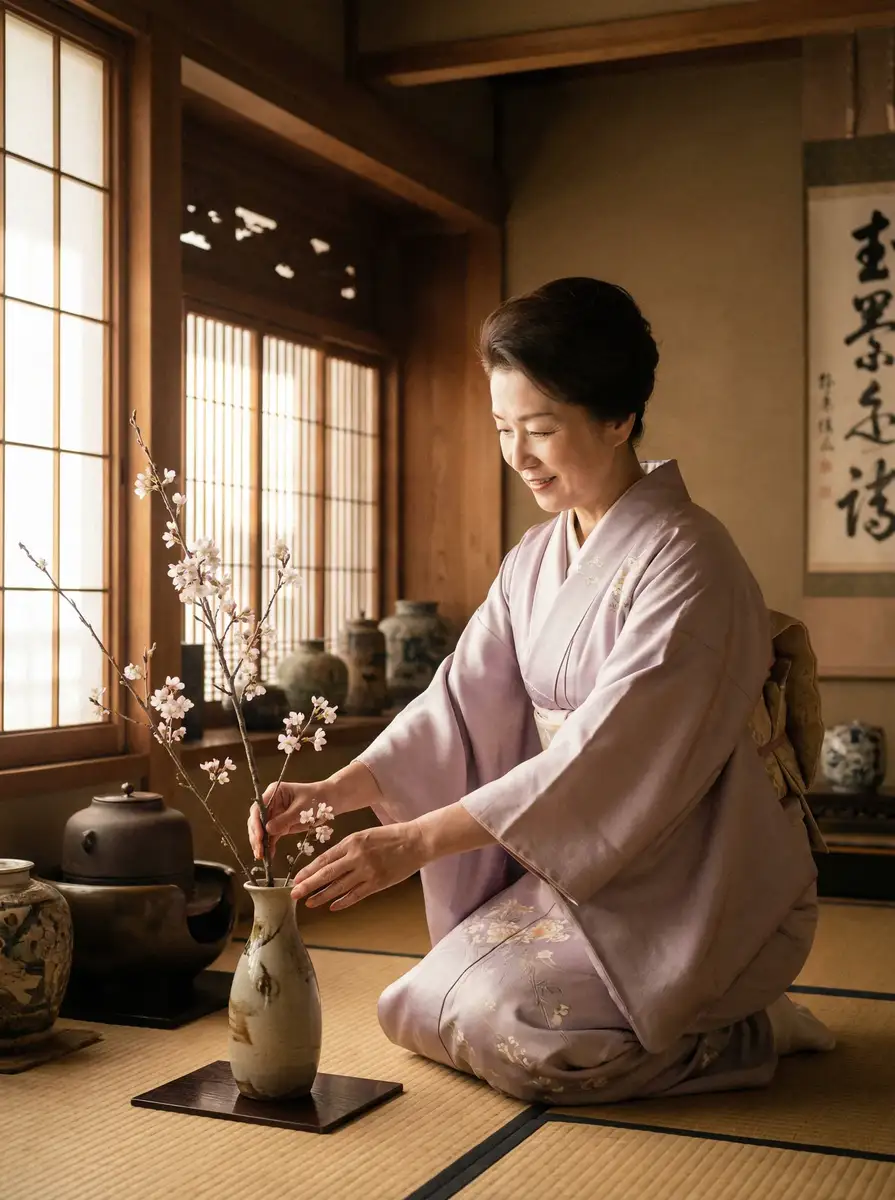 一位优雅的 女神视频 在和室中插花